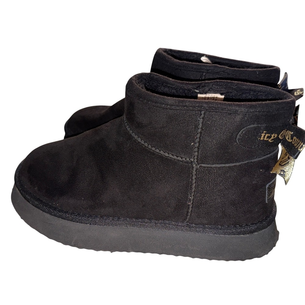 Juicy Couture Ankle Boots size 2 Black Ribbon Bow Gold Logo Platform Faux Fur